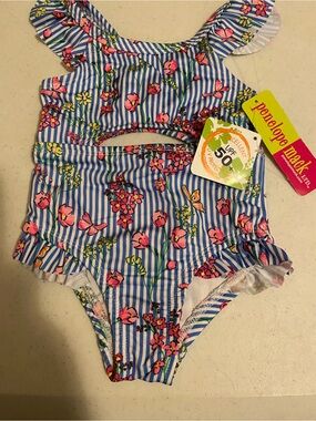 Penelope Mack Blue & Pink Floral Stripe Girls One-Piece Swimsuit